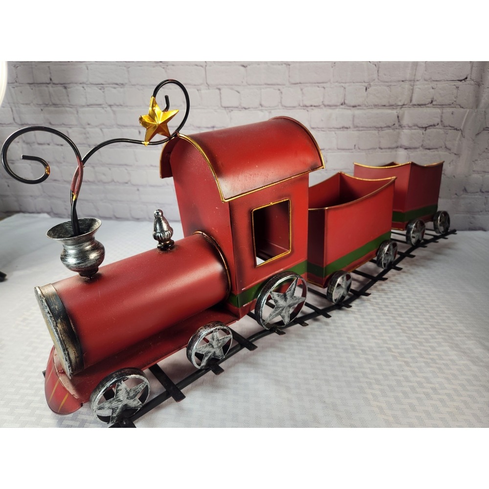 Vintage Style Red Metal Christmas Train Decor Centerpiece 34" Long 11.5" Tall